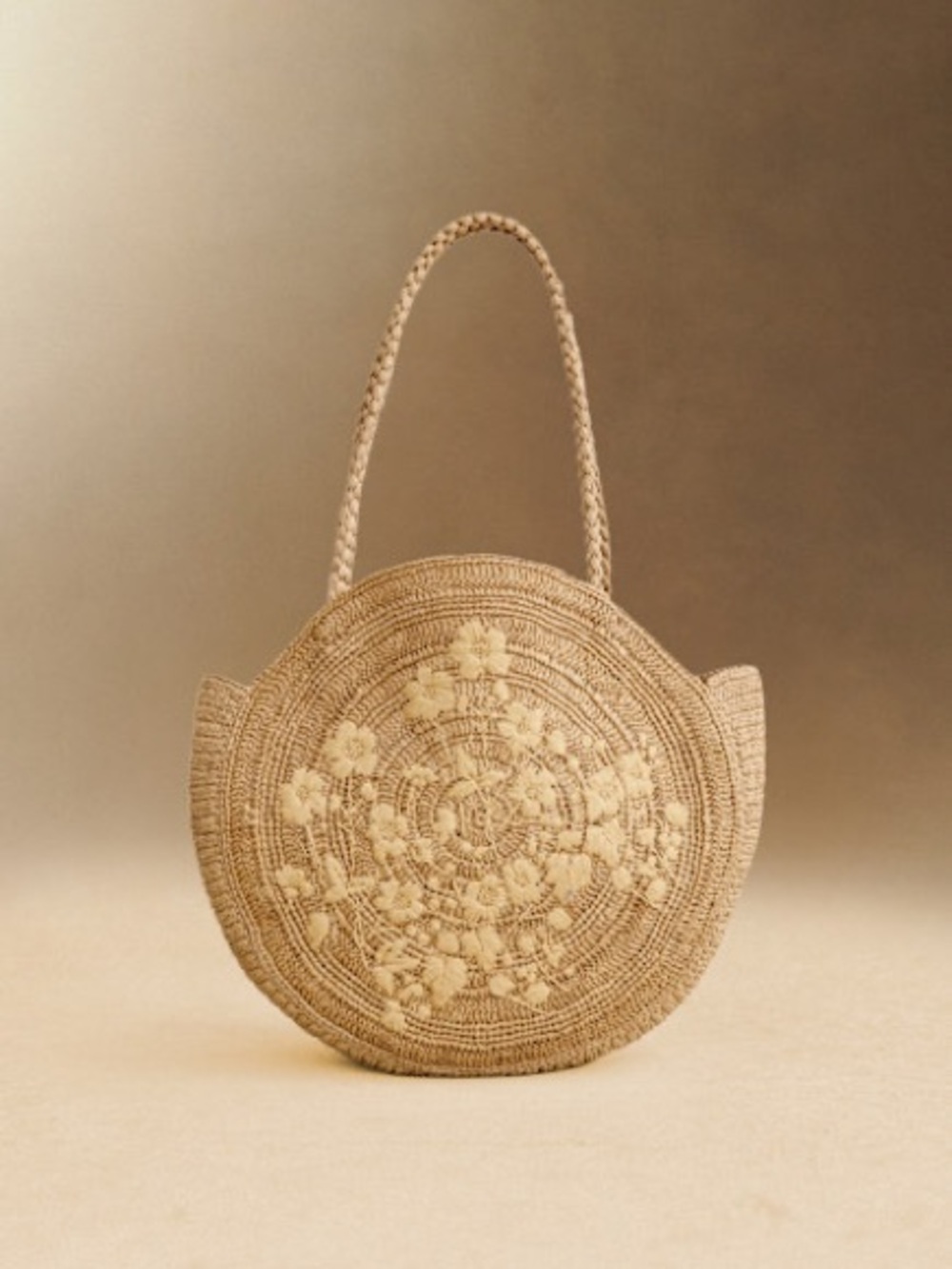 Sezane June Basket Natural Round Raffia Woven Tote Floral Embroidery - Picture 3 of 10